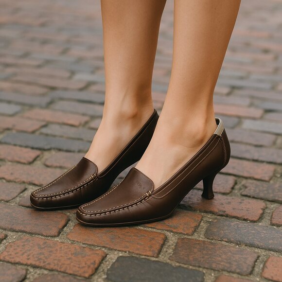 PRADA Brown Leather Retro Y2K Designer Loafer Kitten Heels Pumps 38.5 - Picture 16 of 16